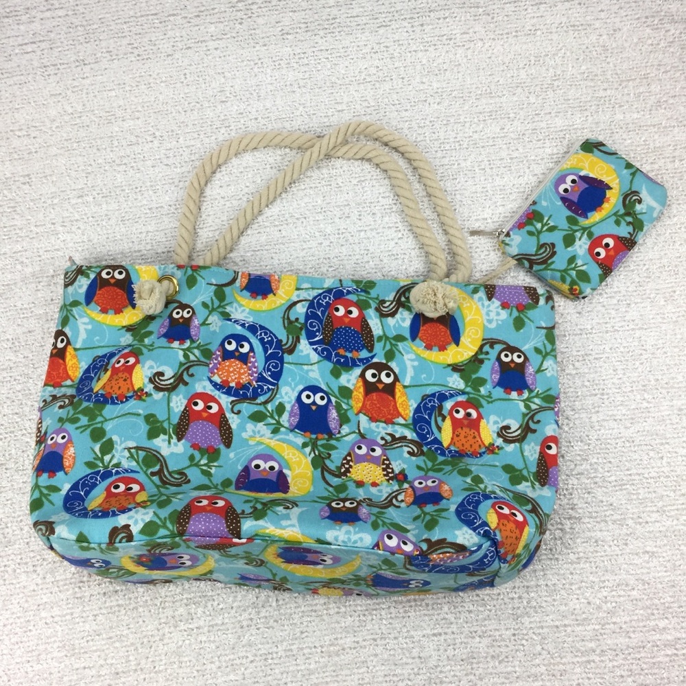 Canvas Owl Tote with Rope Handle and change purse